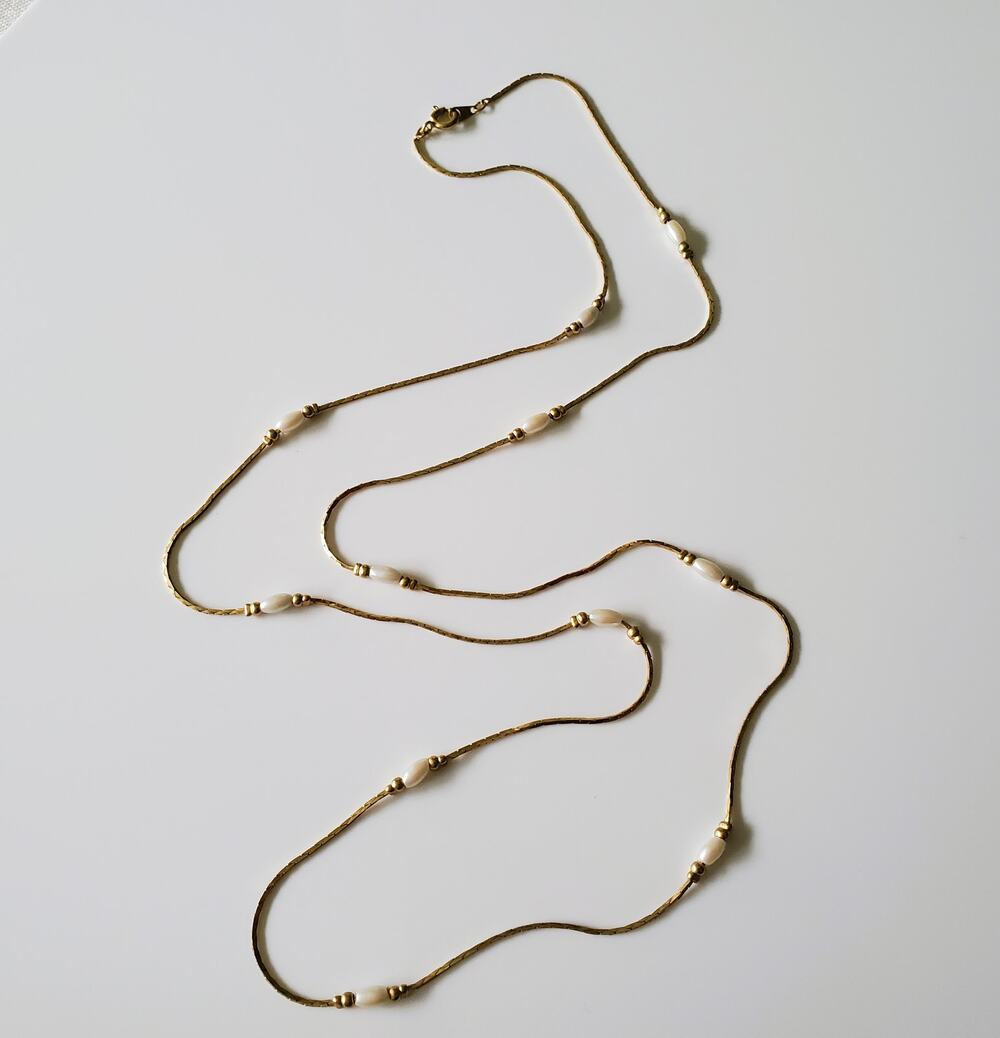 Vintage Beaded Long Chain Gold Tone and Faux Pearl Necklace
